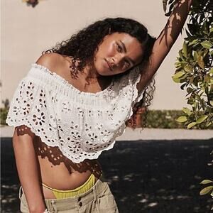 Free People One Perla White Embroidered Eyelet Off The Shoulder Crop Top XS